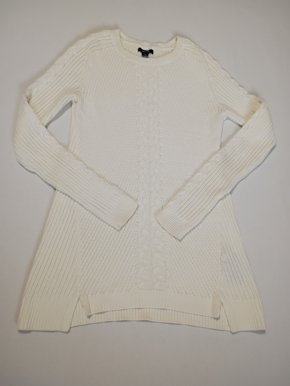 Nautica Sz M Cream Single Cable Knit Tunic Pullover Sweater Cozy Ribbed Trim